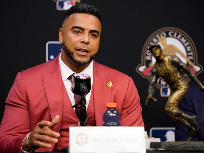 Oct 27, 2021; Houston, TX, USA; Roberto Clemente Award winner Tampa Bay Rays player Nelson Cruz at a press conference before game two of the 2021 World Series between the Houston Astros and the Atlanta Braves at Minute Maid Park.